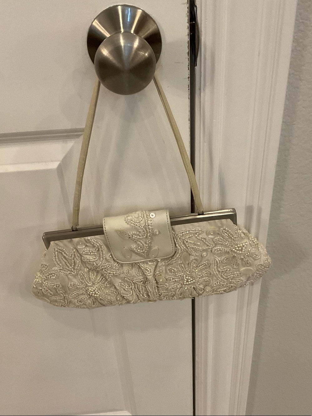 Beaded Cream Floral Evening Clutch with Strap